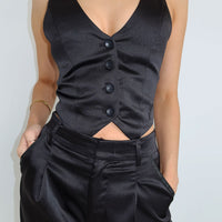 Black Satin Cropped Waistcoat